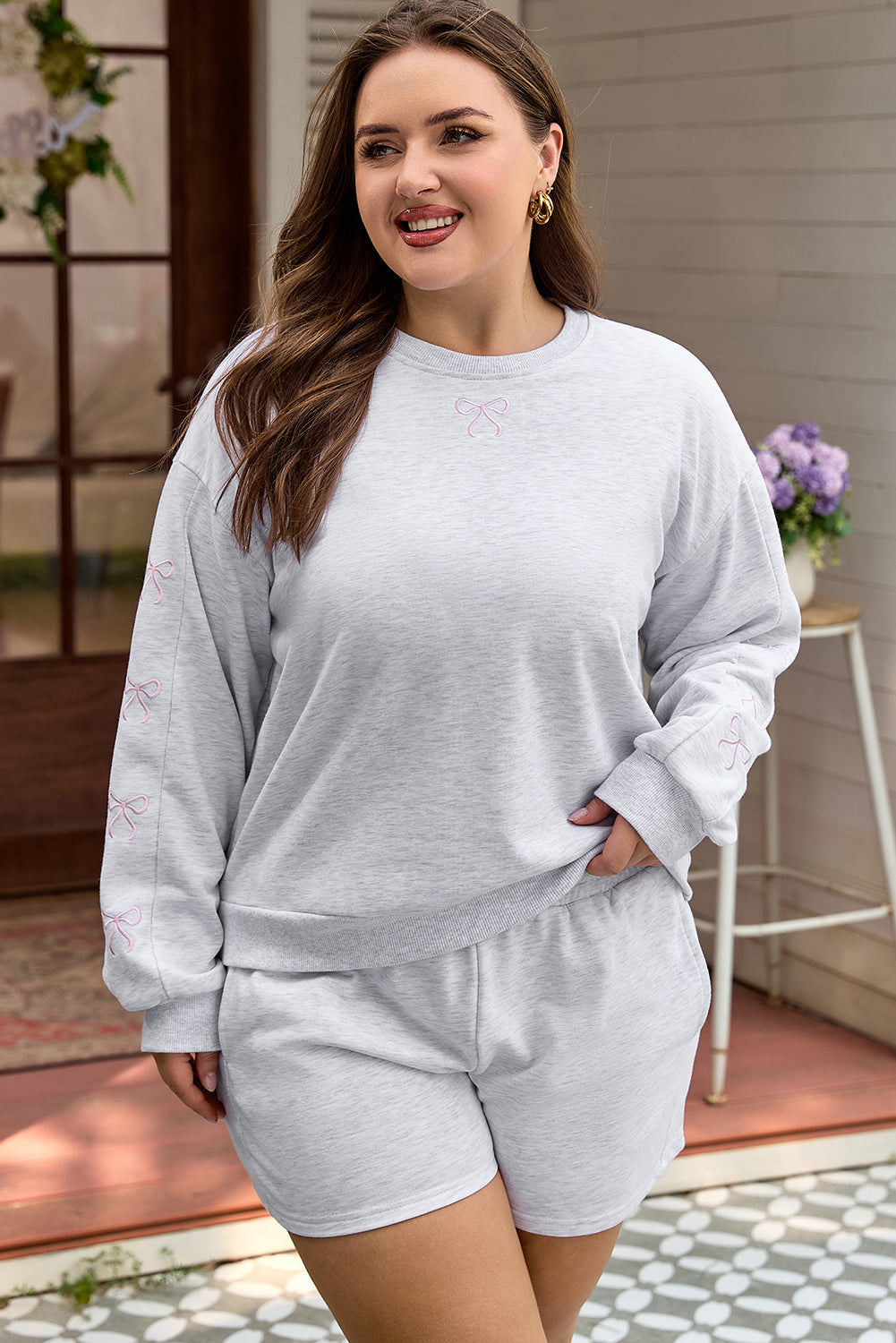 Light Grey Girly Bow Embroidered Puff Sleeve Two Piece Set Dear-Lover Dropshipping